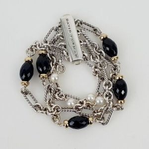 DAVID YURMAN Sterling Silver 18K Black Onyx Pearl Multi Strand Figaro Bracelet